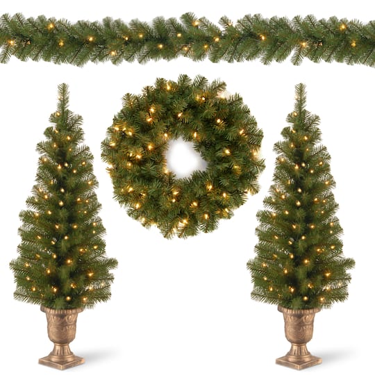 Christmas Assortment With 2 Entrance Trees With Clear Lights, 9ft. Garland With Clear Lights &#x26; 24&#x22; Wreath With Warm White Lights